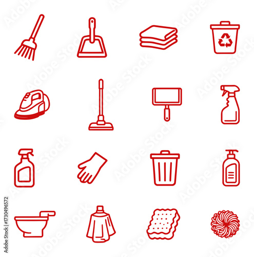 Collection of Household Cleaning and Sanitation Icons: Outline Symbols of Broom, Iron, Trash Can, and Spray Bottle Representing Domestic Chores and Hygiene