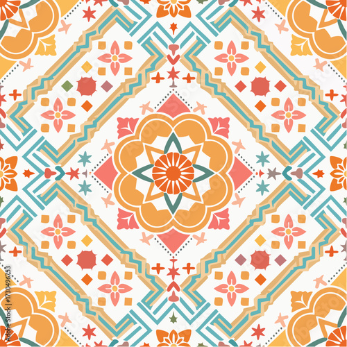 Intricate geometric pattern with floral elements in a repeating tile design, featuring orange, blue, and pink hues on a white background.