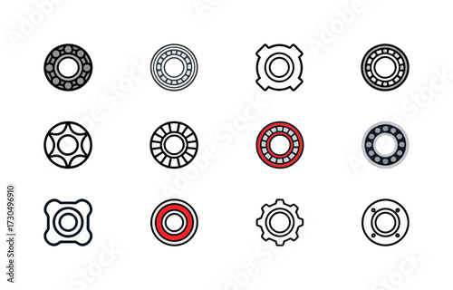 Collection of Industrial Bearing and Cogwheel Icons: Various Designs Representing Mechanics, Engineering, Automotive Parts, and Machinery