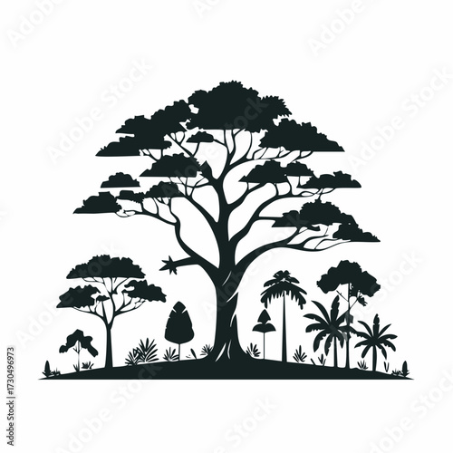 Silhouette illustration of a diverse group of trees, including a large central tree with a broad canopy, against a white background.