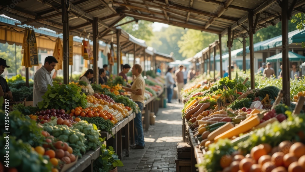 Fototapeta premium Bustling Outdoor Market Featuring Fresh Produce and Colorful Fruits and Vegetables in Sunlit Atmosphere