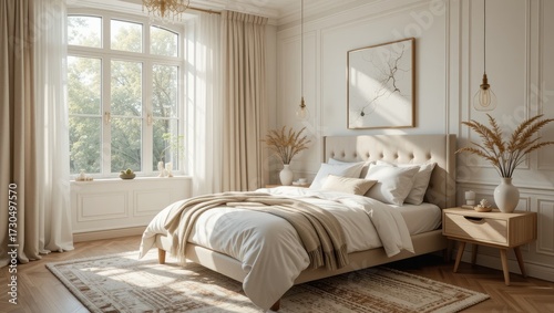 Bright And Cozy Minimalist Bedroom With Natural Light And Elegant Furniture In Soft Tones