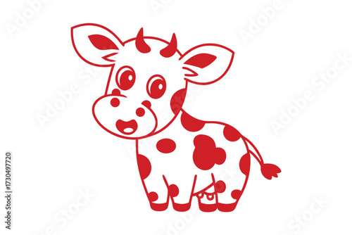 Cartoon red cow with spots stands and smiles happily on a white backdrop