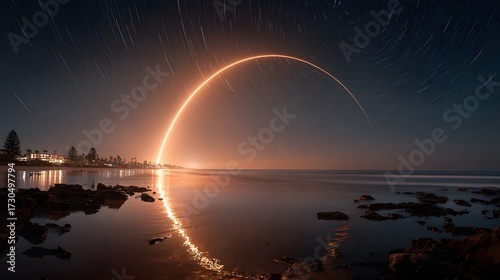 Stunning long-exposure night photo shows rocket launch light trail arcing over calm ocean against sky full of star trails with city glow visible.