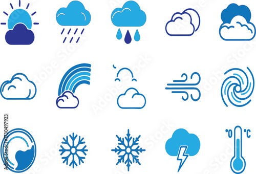 Blue vector weather icon set showing sun, cloud, rain, 