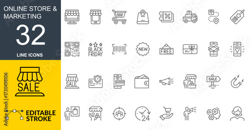 Online Store and Marketing Line Icon Set, 32 Editable Stroke Symbol, 
Sale, Shopping, E-Commerce, Promotion, Social Media Outline Icons, Editable Thin Line Icons for Digital Store, Discount, Shopping