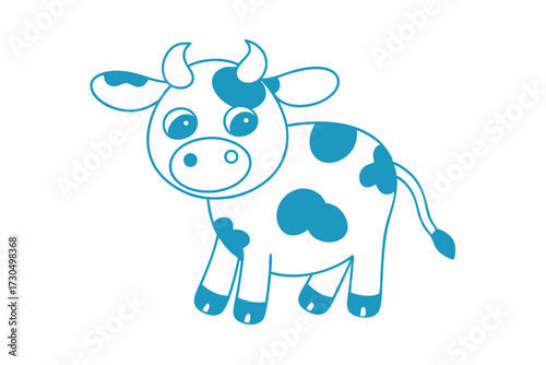 Cartoon style blue spotted cow standing innocently with a white background smiling