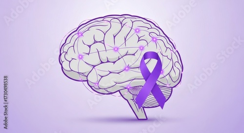 Human brain with purple ribbon for alzheimers disease awareness on purple gradient background