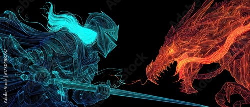 Neon line art knight faces fiery dragon in epic duel