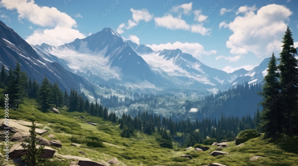 Obraz premium Stunning alpine landscape, lush green meadows, majestic snow-capped mountains, towering evergreen forests, dramatic cloudy sky, serene mountain lake, rugged rocky terrain, tranquil hiking trail, pictu
