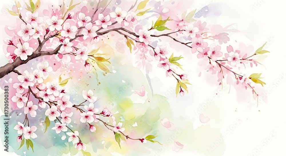 Obraz premium Watercolor painting of cherry blossoms on branches with soft pastel background and falling petals art