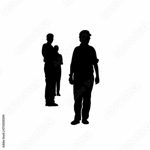 Silhouette of rice mill manager inspecting workers on duty isolated on white background