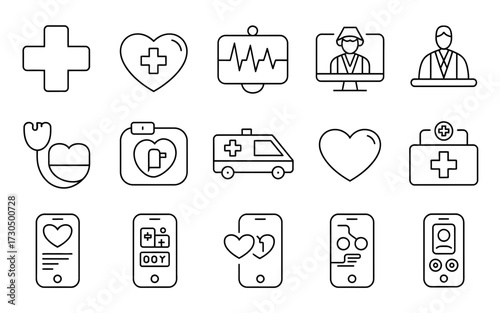 Vector collection of medical and healthcare icons for digital and print applications silhouette vector illustration white background