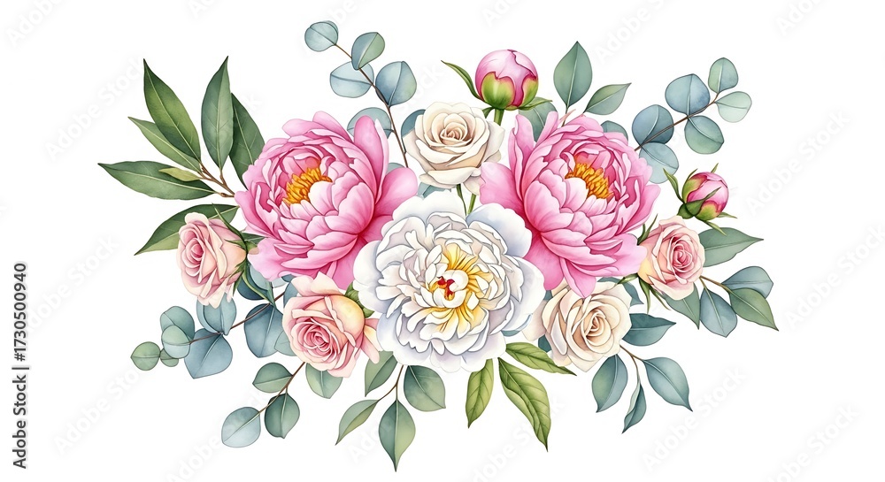 Fototapeta premium A watercolor illustration of pink and white peonies with roses and eucalyptus leaves on white background