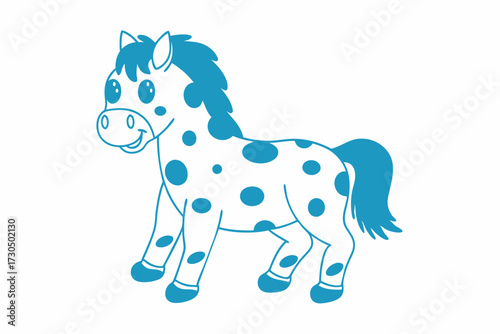 Cheerful cartoon horse with blue spots stands happily on a white background smiling