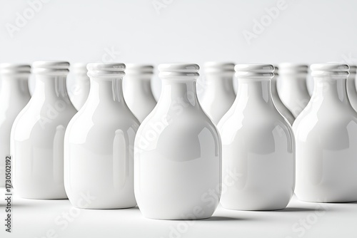 Multiple white bottles are arranged in rows on a bright white surface under diffused lighting, creating a minimalist design aesthetic.
