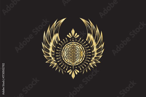 Golden-winged emblem with intricate circular design