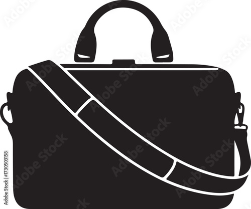 Black silhouette of a messenger bag with a shoulder strap and top handles on a white background