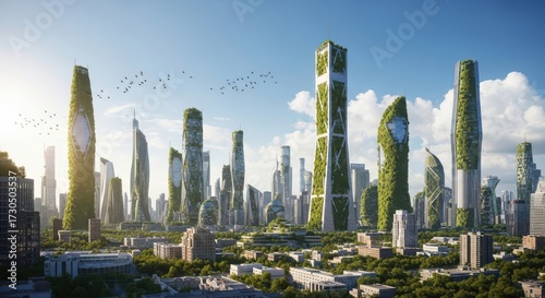 Lush Green Futuristic Cityscape With Overgrown Buildings