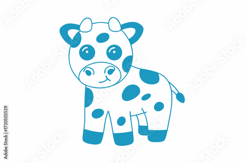 Cute cartoon cow stands with a smile, showcasing blue spots and outline