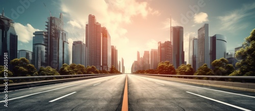 epic cityscape, futuristic metropolis, towering skyscrapers, modern architecture, vibrant colors, sunlight rays, illuminated buildings, cinematic lighting, wide paved road, leading into the distance, 