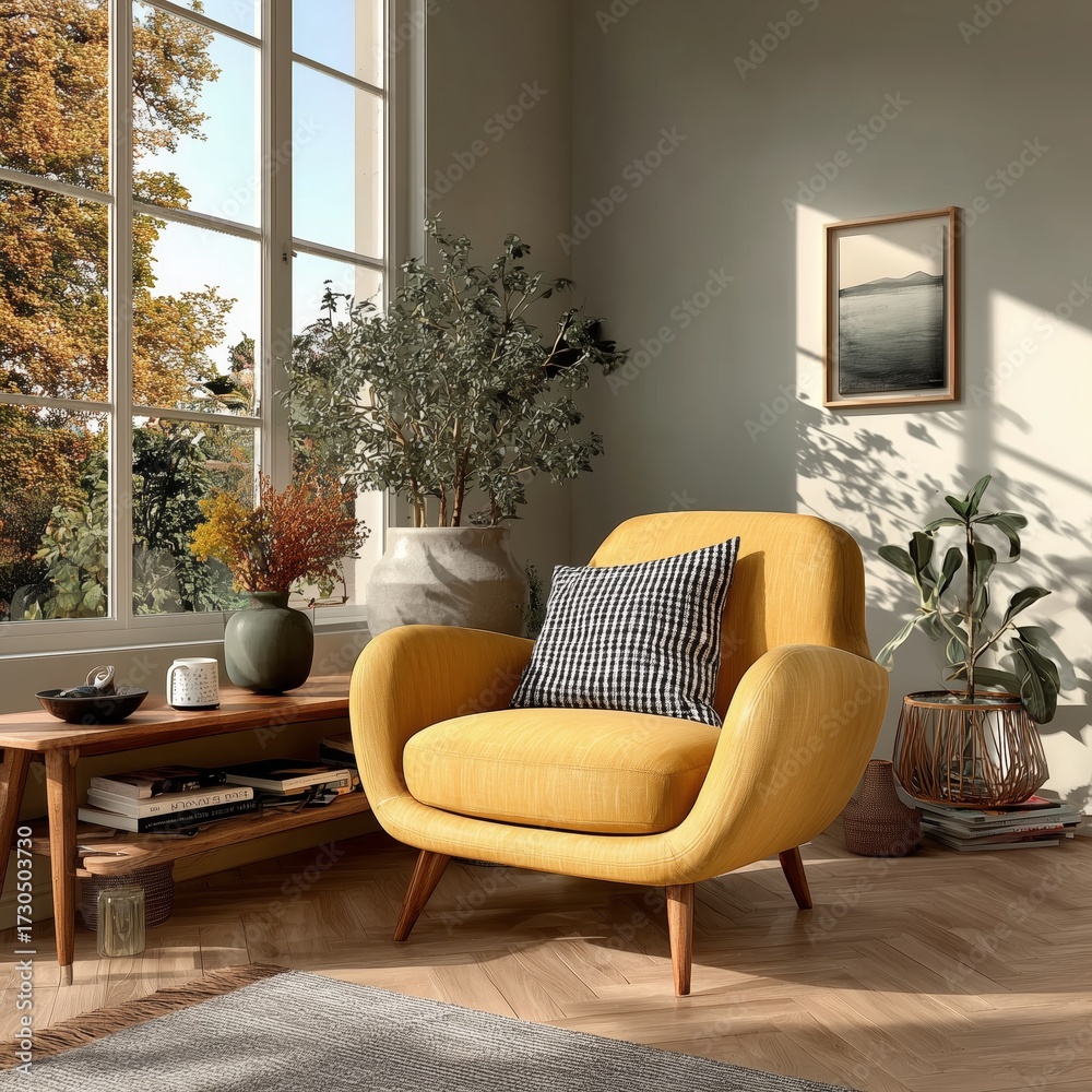 Fototapeta premium Modern Minimalist Living Room with Yellow Armchair and Natural Light