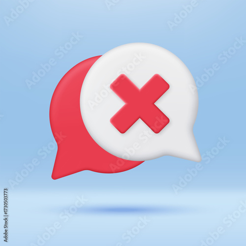 3D white and red speech bubble with red X icon. Approved check mark and social media message. Decision, rejection, yes, and no. Minimalist cartoon icon. 3D vector render illustration.
