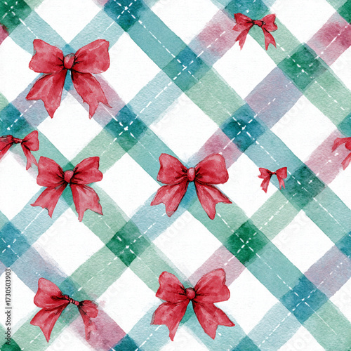 Seamless Watercolor Christmas Plaid Pattern in Pastel Green, Blue, and Pink with Red Bows