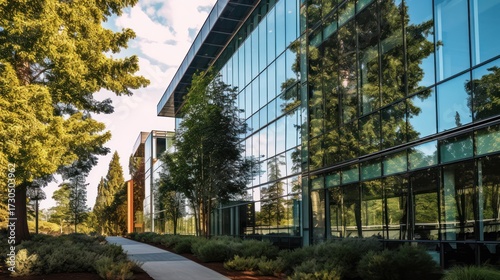 architectural exterior, modern glass building, trees, landscape, natural lighting, reflective surfaces, architectural details, urban environment, city skyline
