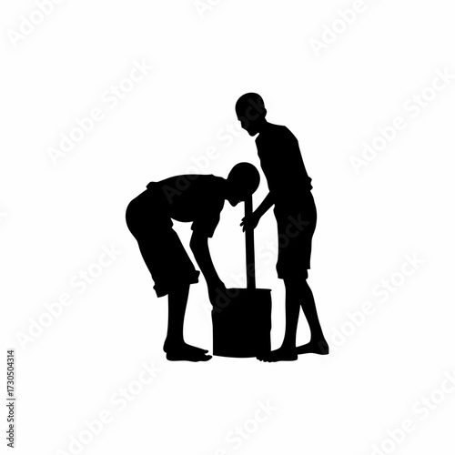 Silhouette of rice mill worker helping colleague with machine jam isolated on white background