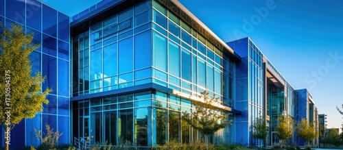 architectural photography, modern glass facade, sleek futuristic building, urban cityscape, blue sky, green trees, realistic, high quality, detailed, volumetric lighting, cinematic, photorealistic
