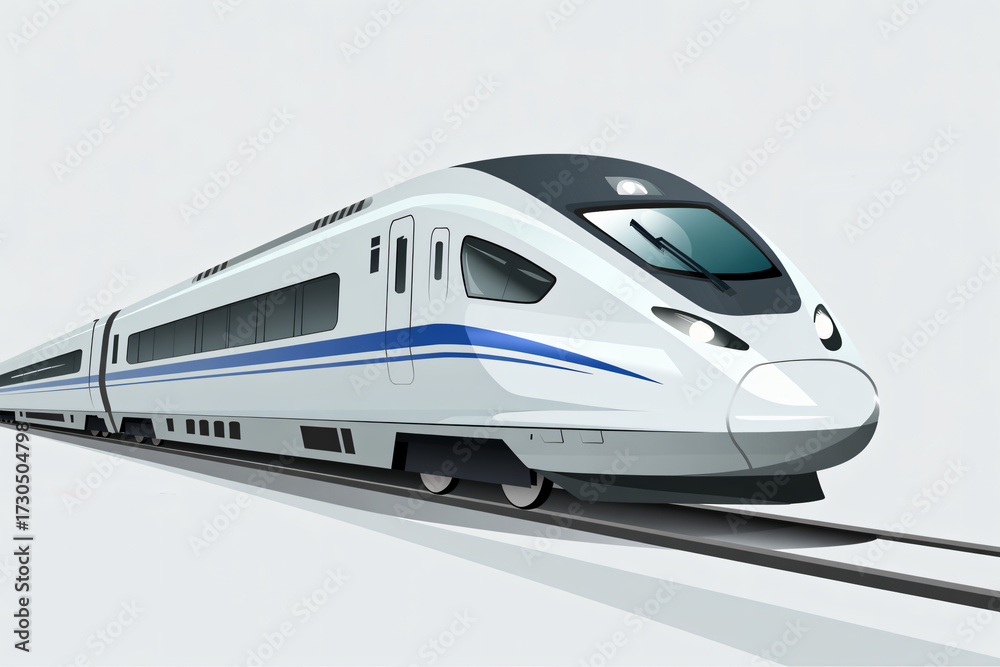 Fototapeta premium Sleek modern high-speed train speeding along tracks on a bright day