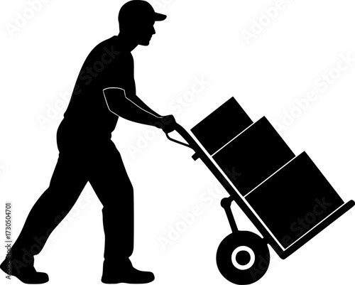 A silhouette of a person pushing a hand truck loaded with boxes