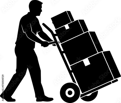 A silhouette of a person pushing a hand truck loaded with boxes