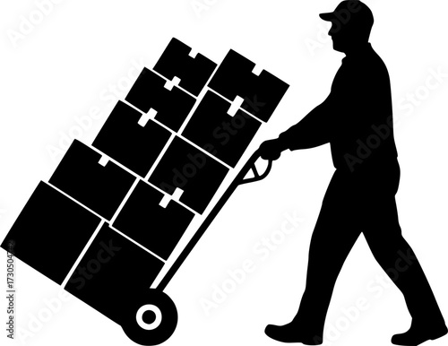 A silhouette of a person pushing a hand truck loaded with boxes