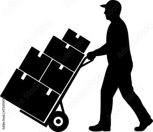 A silhouette of a person pushing a hand truck loaded with boxes