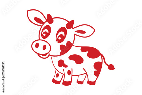 Joyful cartoon calf shows its red spots with a cheerful smile on white