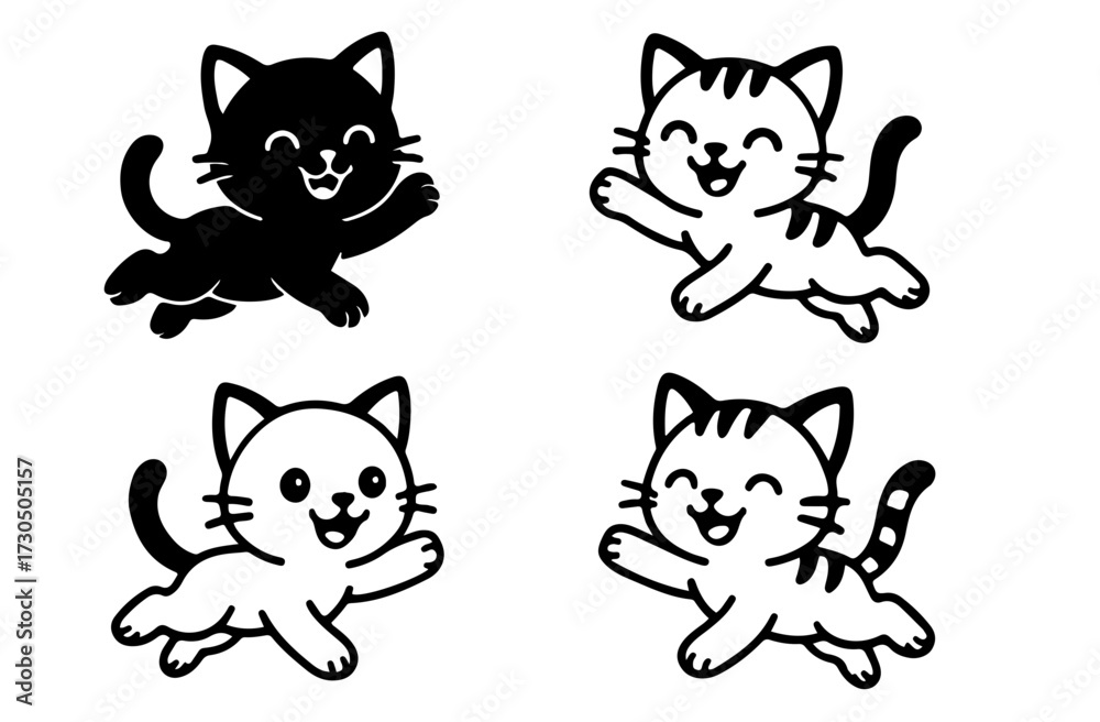 Obraz premium Four vector drawings of happy jumping kitten cat