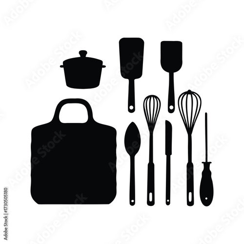 Silhouette Illustration of Kitchen Utensils and a Shopping Bag on White Background, baking utensils silhouette vector illustration