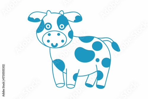 Outlined cartoon cow with blue spots stands playfully looking forward on a white background