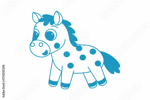 Playful blue horse with polka dots happily smiles, standing on a white background gracefully