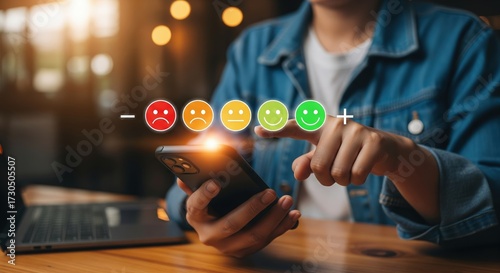 Digital feedback collection concept: five emoji icons from sad to very happy with plus minus symbols