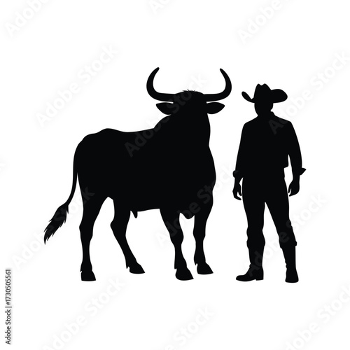 Silhouette of a cowboy with a bull on a white background, bull with cowboy silhouette vector illustration