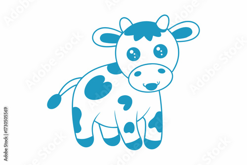 Playful cartoon calf with big blue spots stands happily on a plain white background