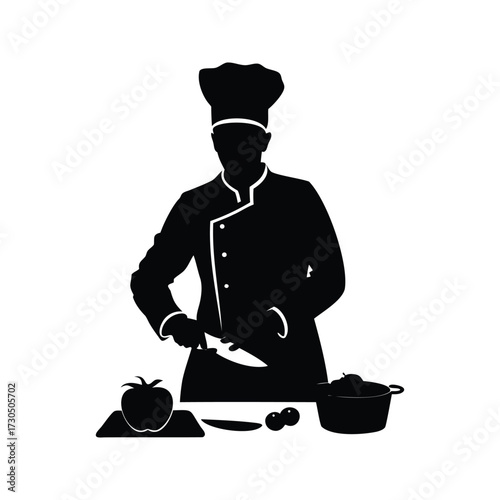 Silhouette of a talented chef diligently preparing ingredients for an upcoming meal, chef chopping vegetables silhouette vector illustration