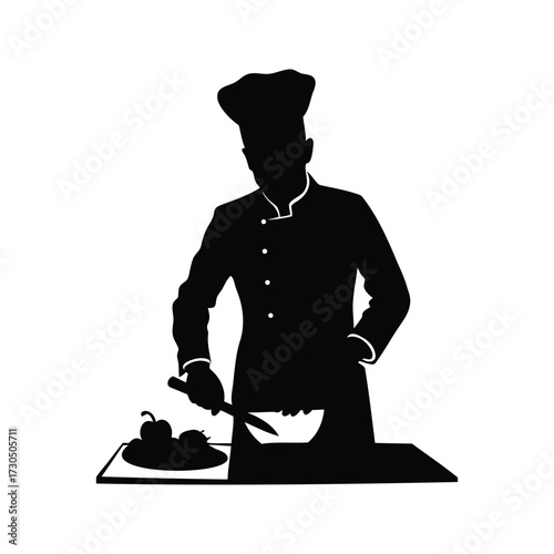 Silhouette of a professional chef preparing food with a knife and bowl, chef chopping vegetables silhouette vector illustration