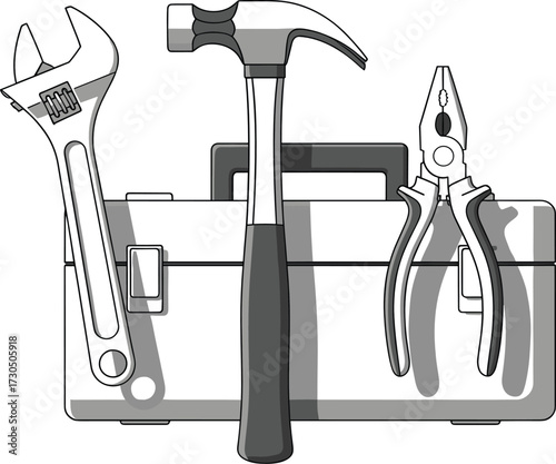 Collection of common hand tools including a hammer wrench and pliers