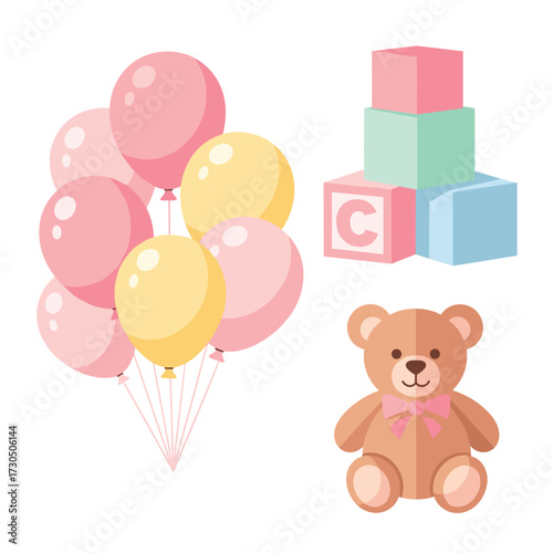 Delightful assortment of cheerful items for childhood celebrations, featuring soft pastel balloons, classic stacking blocks, and an adorable teddy bear, perfect for baby showers or birthdays