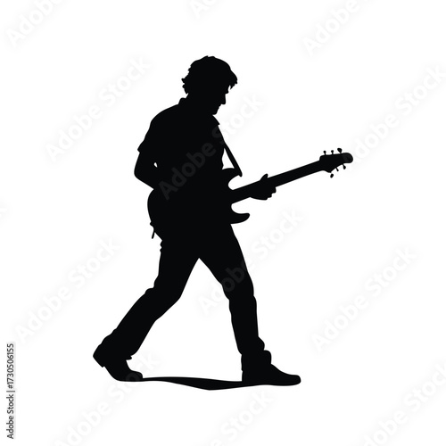 Silhouette of a guitarist walking on stage, ready to rock the world, guitarist playing on street silhouette vector illustration