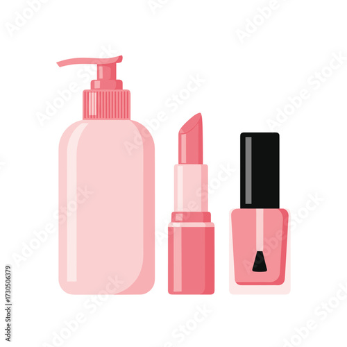 A collection of pink cosmetic products, including lipstick, nail polish, and a dispenser bottle, for beauty and skincare routines, isolated on a white background